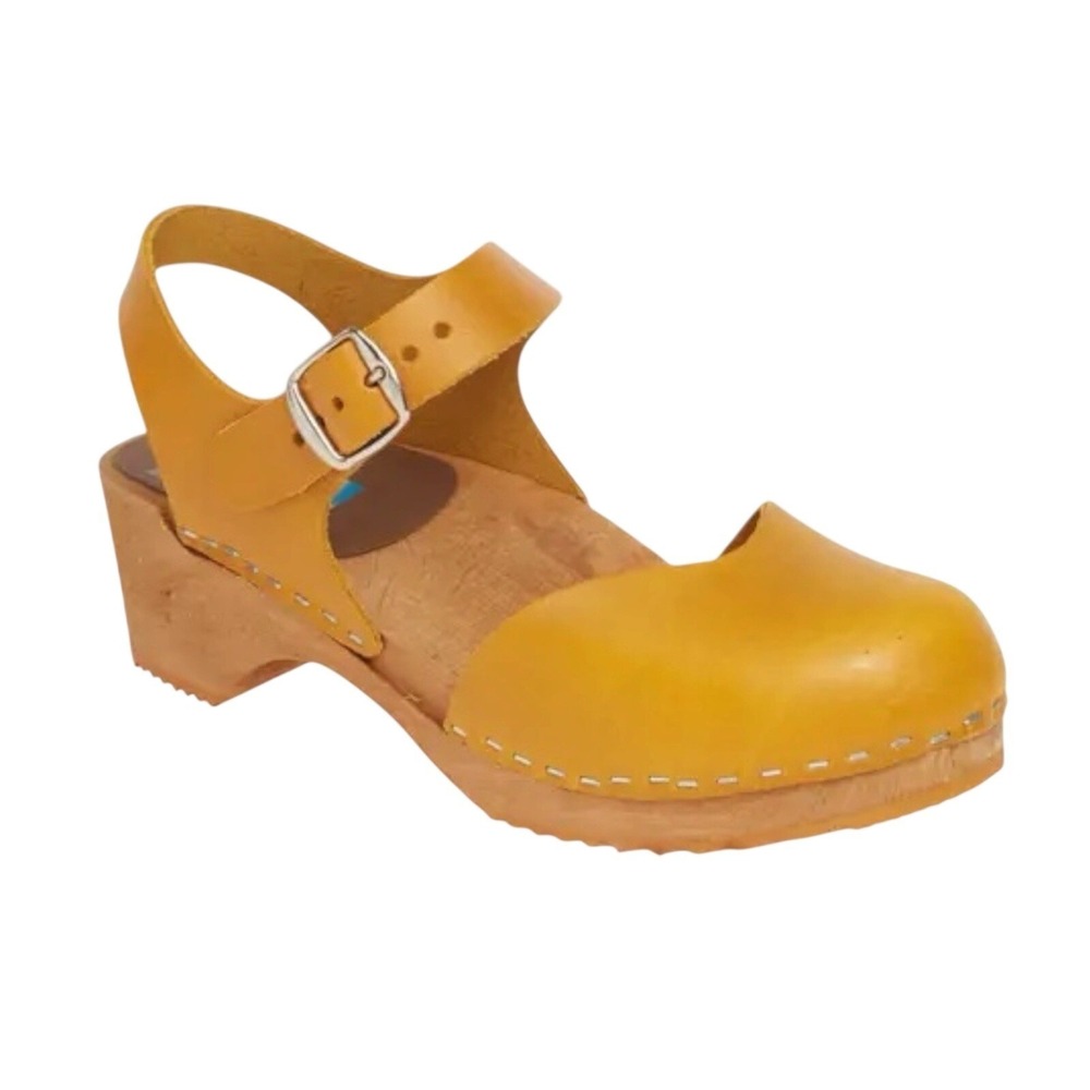 MIA Women Mustard Yellow Leather Wooden Clogs EU 38 Swedish Mary Jane